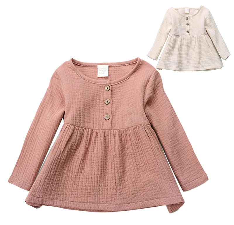 

New Spring Antumn Solid Baby Princess Dress Cute Long Sleeve Cotton And Linen Girl Dress Kids Bottom Under Coat Dress