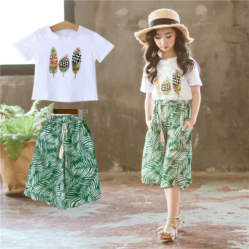 Summer Girls Clothes Sets Teenager Girl Short Sleeve Shirt Top+Shorts Suits Kids Clothing Printed Children\'s Clothes 2pcs 4-14T