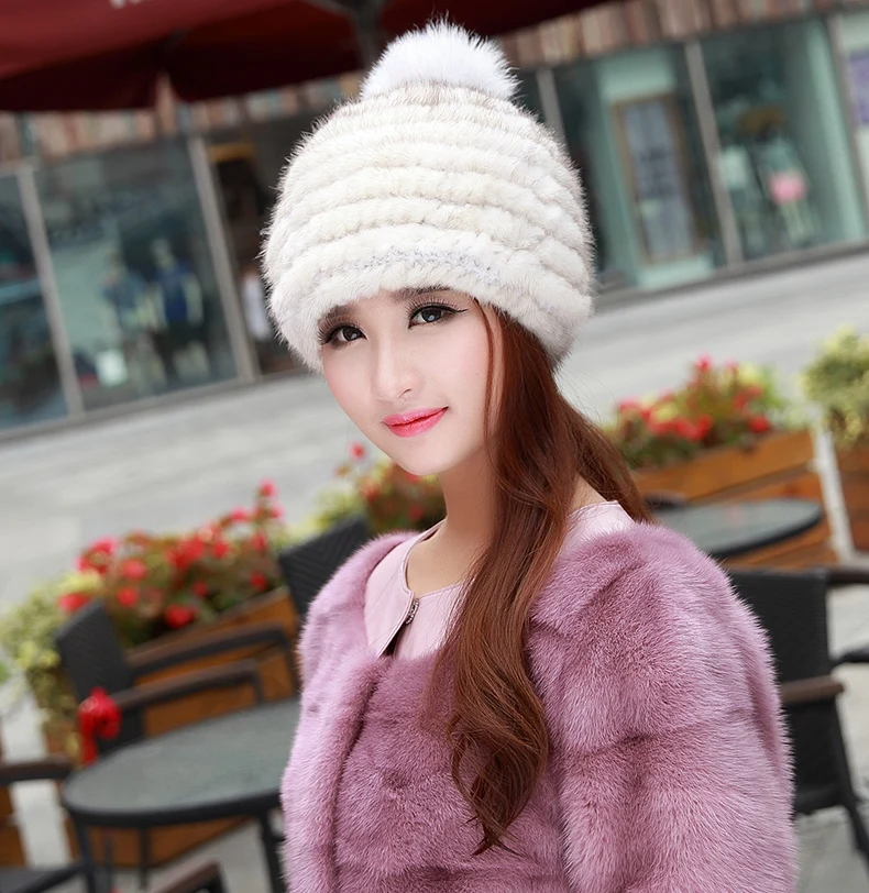 real mink fur hat for women winter knitted mink fur beanies cap fox fur pom poms brand new thick female cap