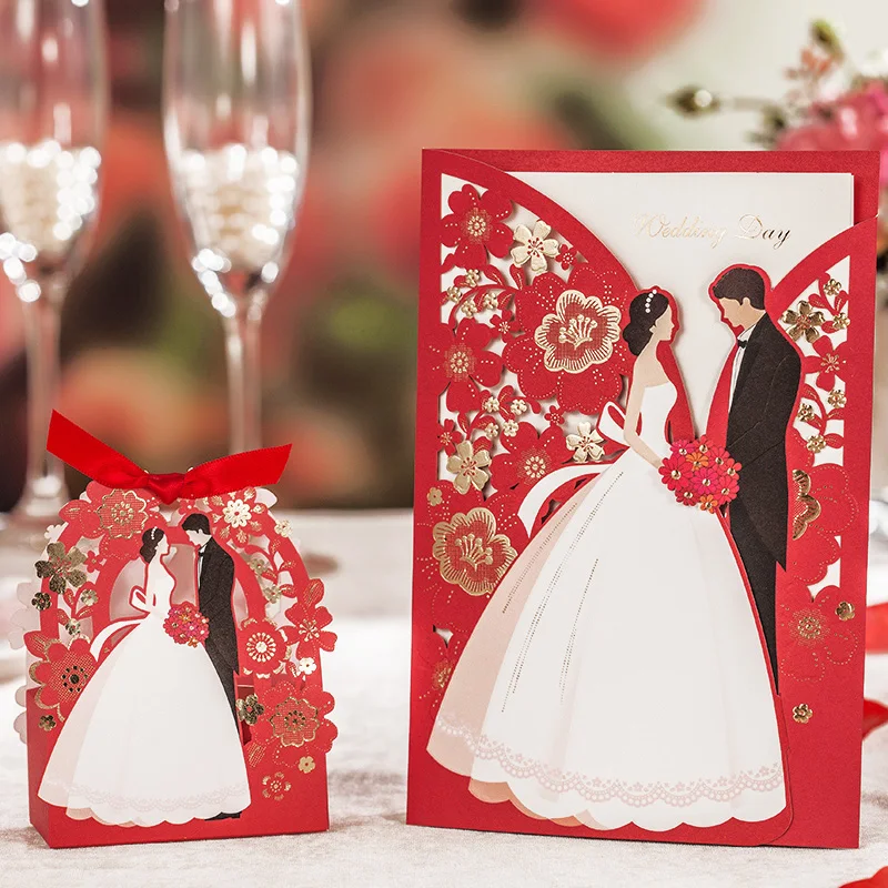 

Wedding Decoration Red Laser Cut Wedding Invitations 50pcs Luxurious Elegant Bride Groom Invitation Cards for Wedding 2019