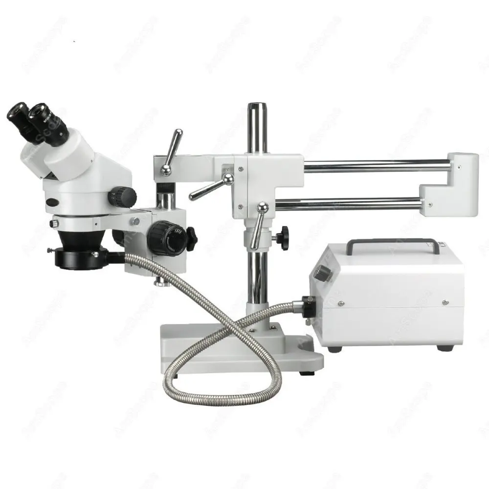 Dual-Arm Boom Stand Fiber Optic Microscope--AmScope Supplies 3.5X-90X Fiber Optic Ring Light Zoom Stereo  on Dual-Arm Boom Stand