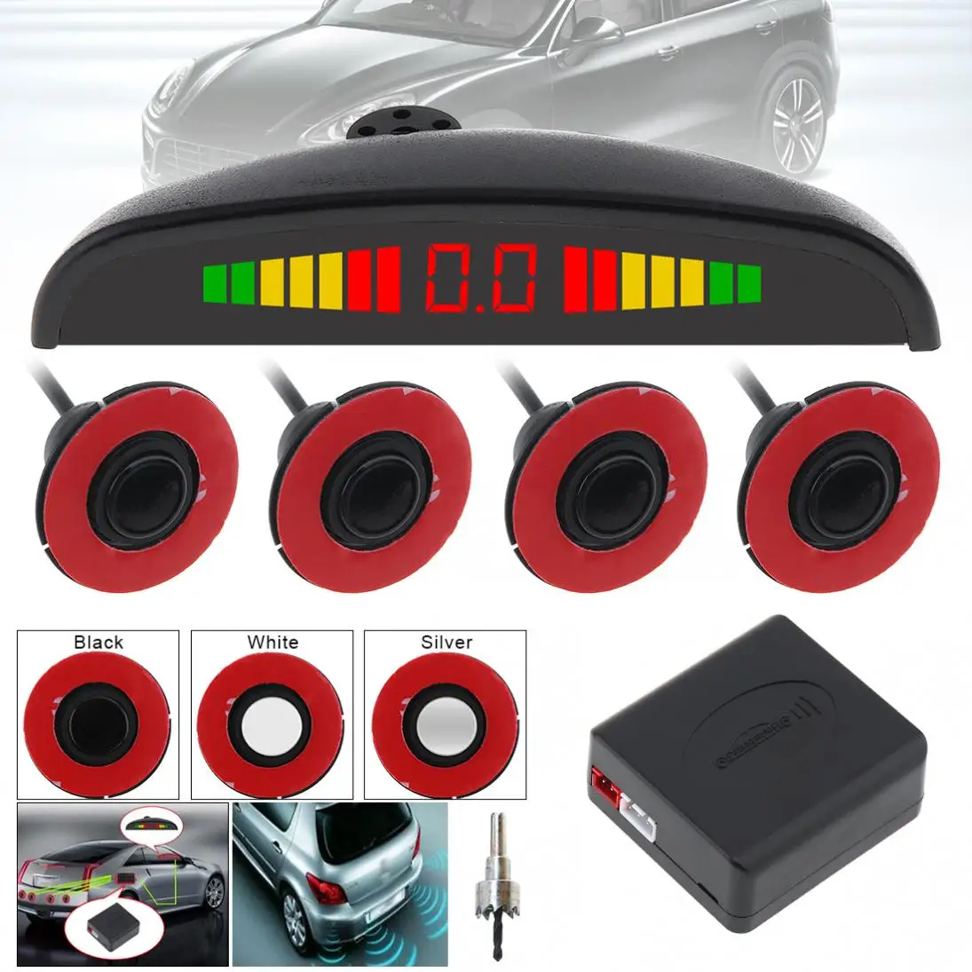 

12V 4 Sensors 16mm Original Car Flat Parking Sensor Crescent Auto Reverse Backup Radar Detector System with LED Display