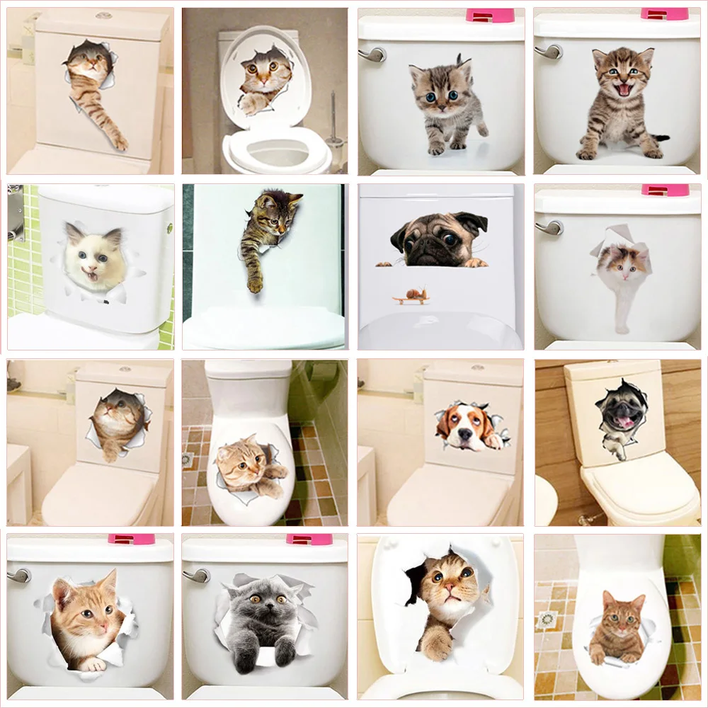 Lovely Kitten Toilet Stickers Wall Decals 3d Hole Cat Animals Mural Art Home Decor Refrigerator Posters