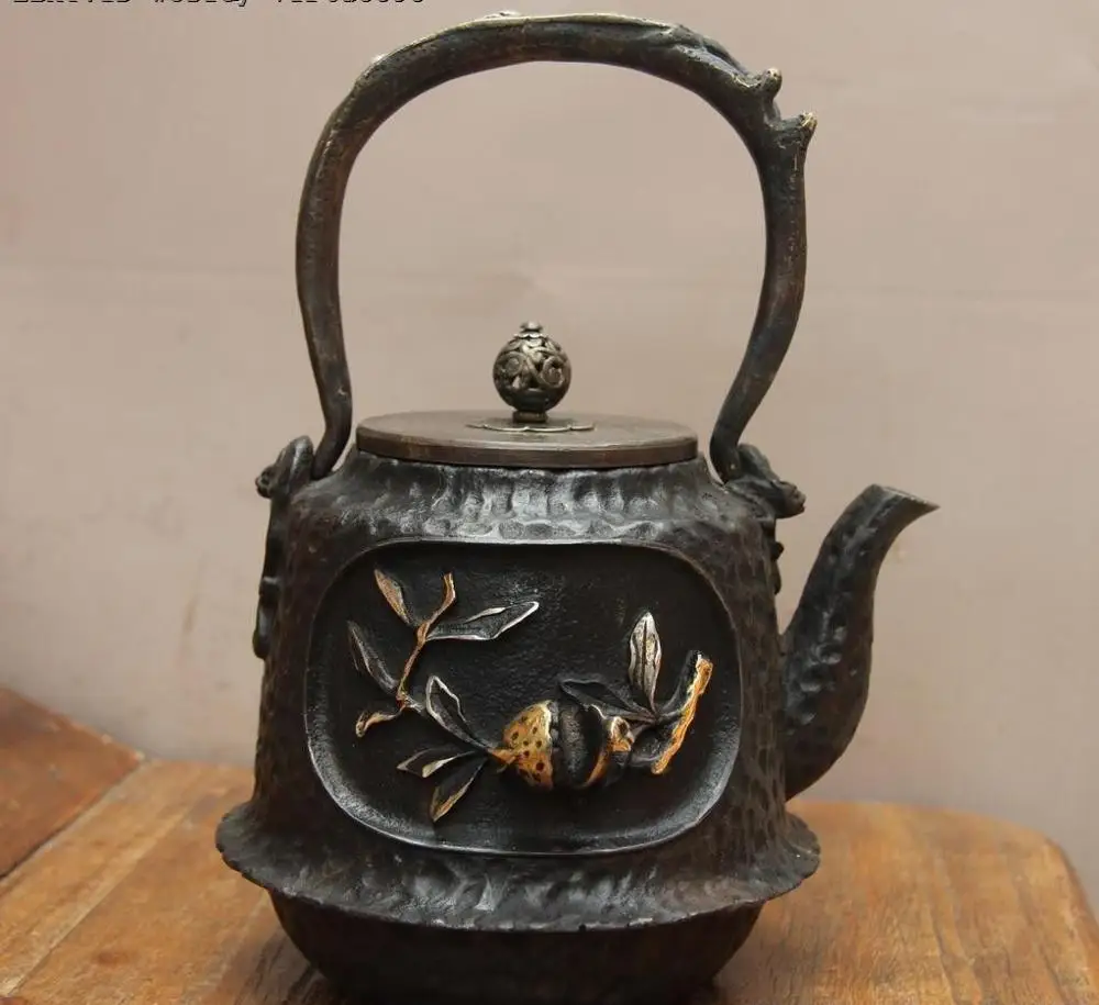 Jepanese Iron Silver Gilt Pomegranate Inscription Water Bottle TeaPot Teakettle