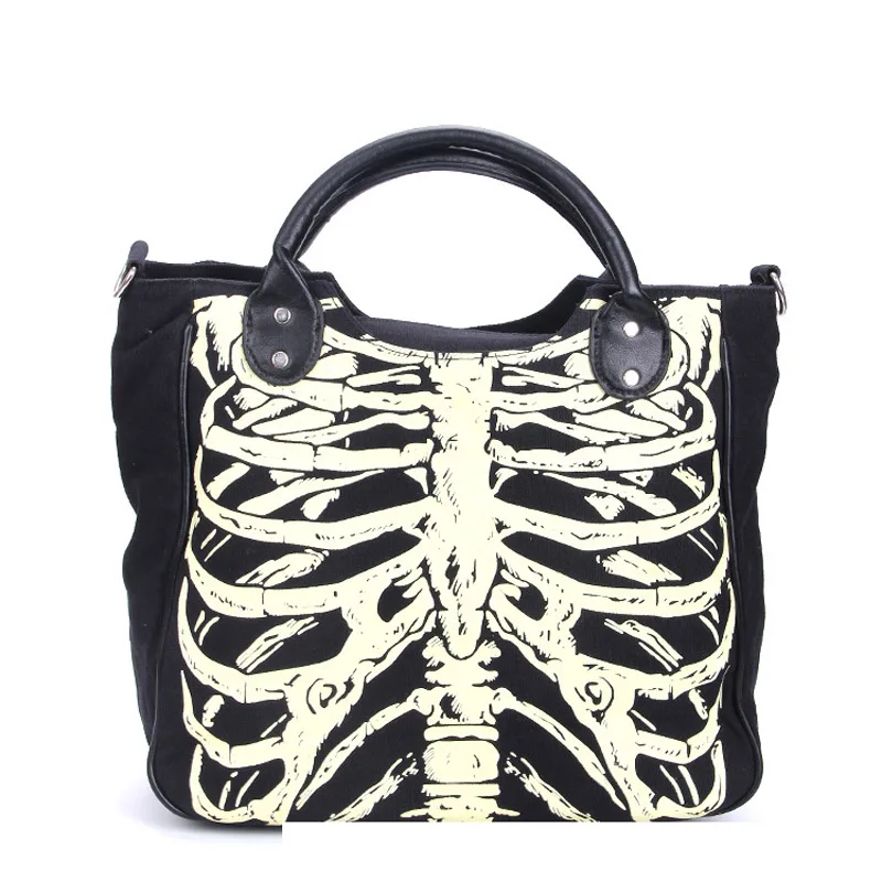 Women Lady Skeleton Bones Bats Skulls Eyeballs Ribcage Gothic Shoulder Bag Handbag Horror Emo