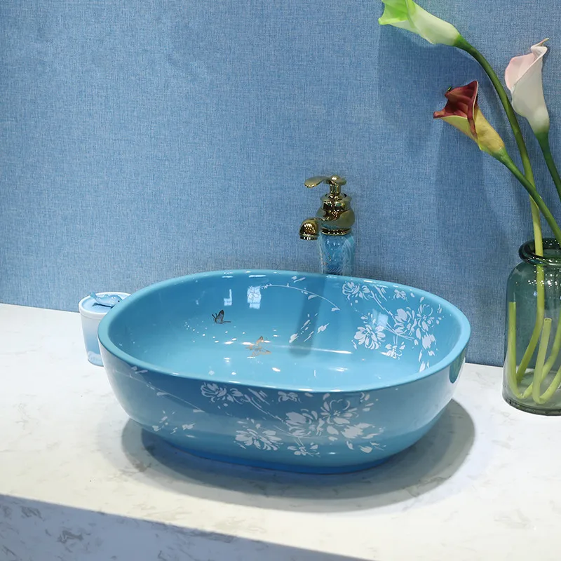 Europe style oval Shape chinese Jingdezhen Art Counter Top ceramic vitreous china wash basin blue color