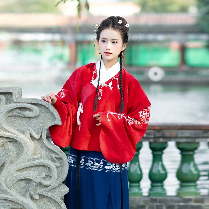 Hanfu Dress Women/Female Red Blue And White Hanfu Costumes Chinese Traditional/Ancient Clothes Chinese Folk Dance Wear DQL368