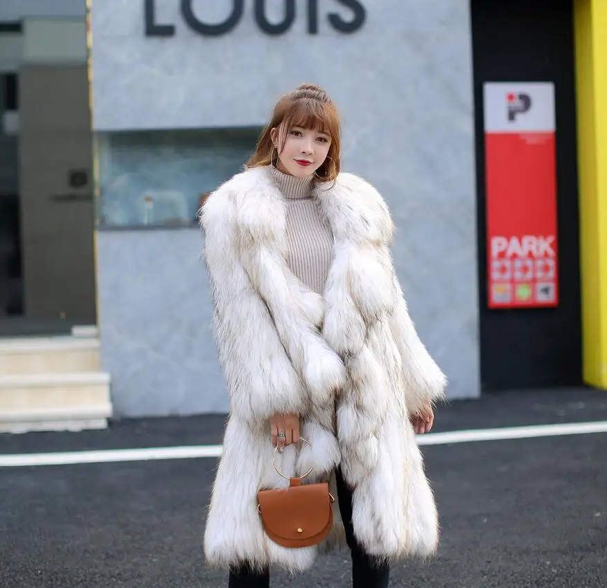 2019 Sexy New Winter Women Fashion Long Ruffles Casual Real Raccoon Fur Knit Jacket Coat Overcoat