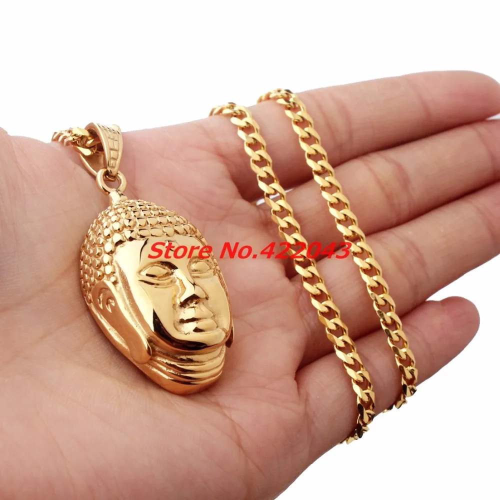 Unqiue Gold color  Buddha Head Bless Pendant 316L Stainless Steel Buddhism Free Cuban Chain Necklace Jewelry Wholesale Price