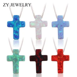 Elegant Colorful Cross Opal Pendant Necklace 925 Sterling Silver Box Chain Fashion Jewellery