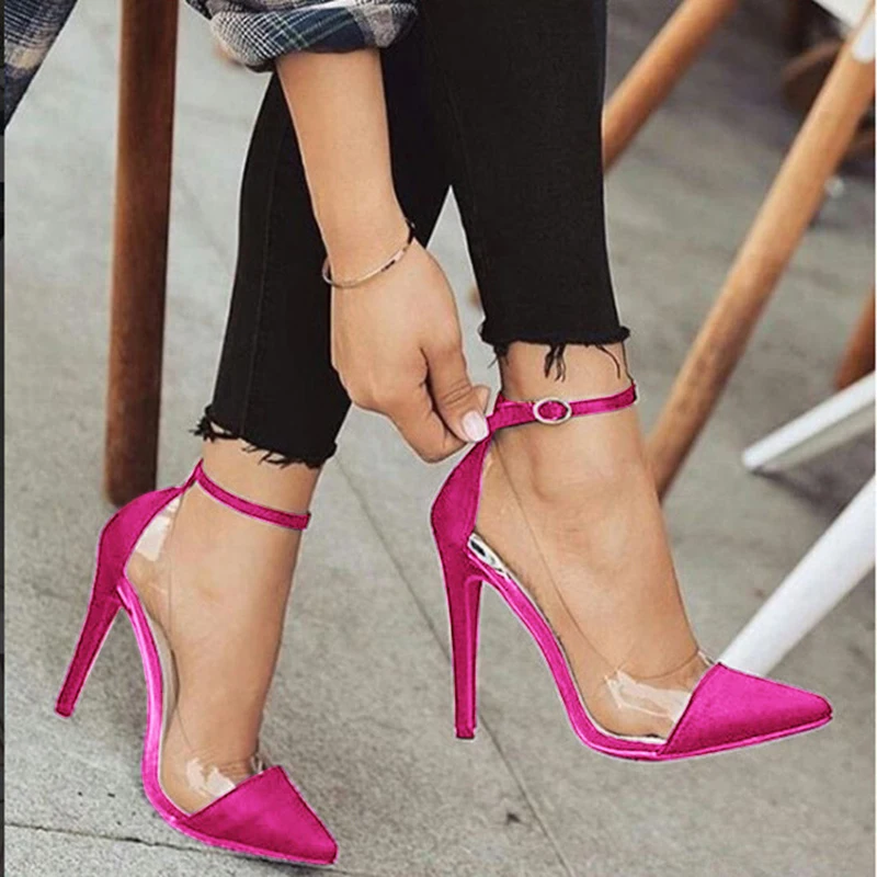 New Style High Heel Pointed Monochrome Belt Buckle Stylish Women\'S Single Shoes Rose Red Pink Black Apricot Color Size 34 And 43