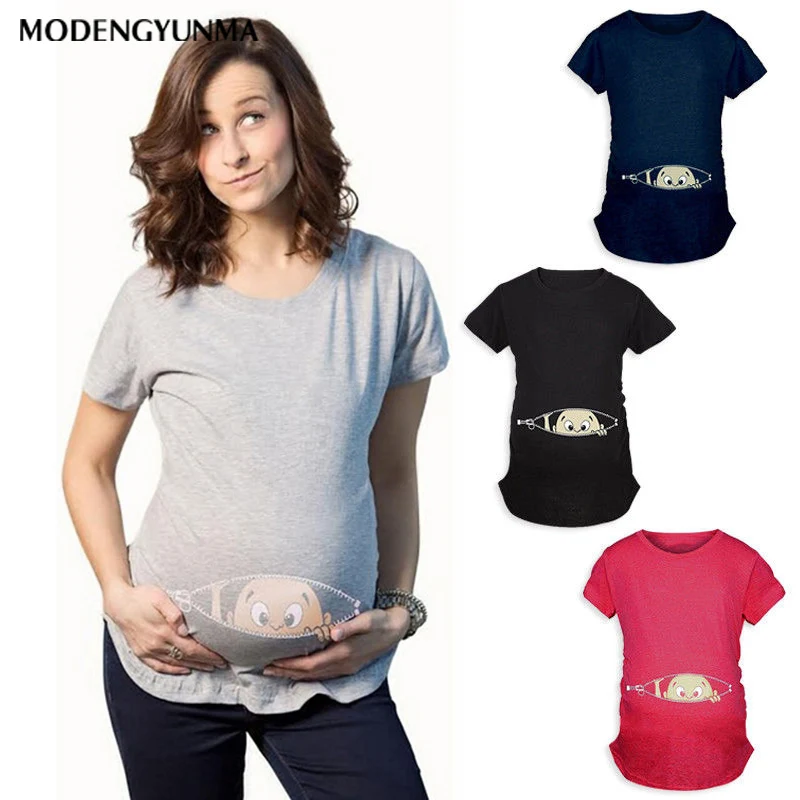 

2022 New Summer Maternity Pregnancy T-Shirt Women Cartoon Tee Baby Print Staring Pregnant Clothes Funny T-shirt Fashion M-3XL