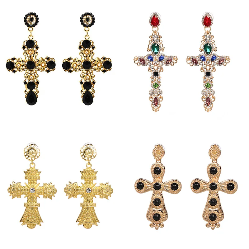 Wholesale JUJIA New Rhinestone Crystal Cross Earrings For Women Fashion Baroque Drop Dangle Earrings Big Earrings Jewelry