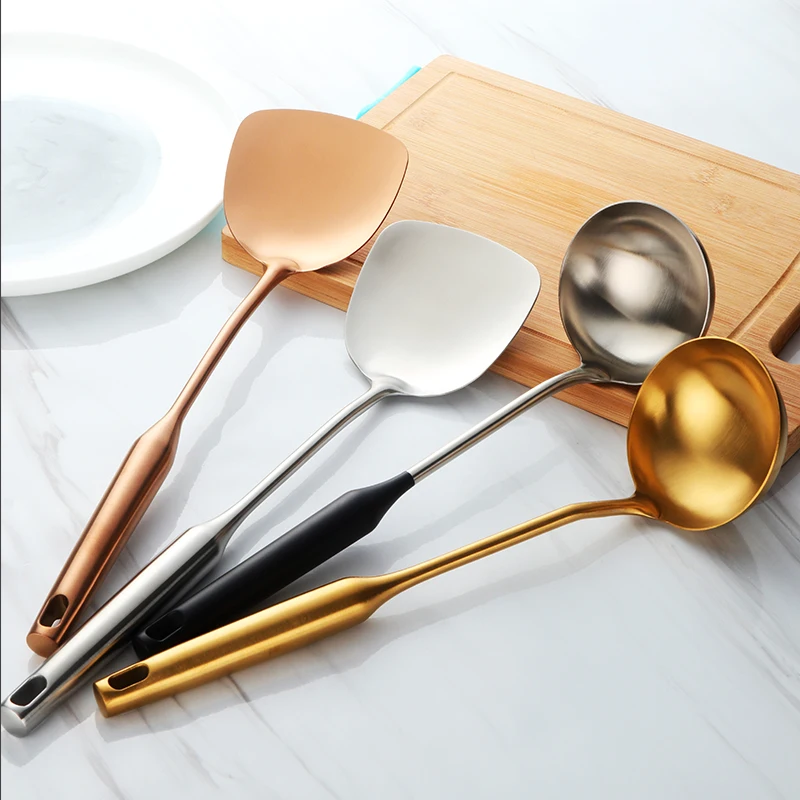 

2PCS Stainless Steel Turner And Soup Ladle Gold Ladle Spoon Cooking Tool Set Long Handle Big Kitchen Utensil Dinnerware Set