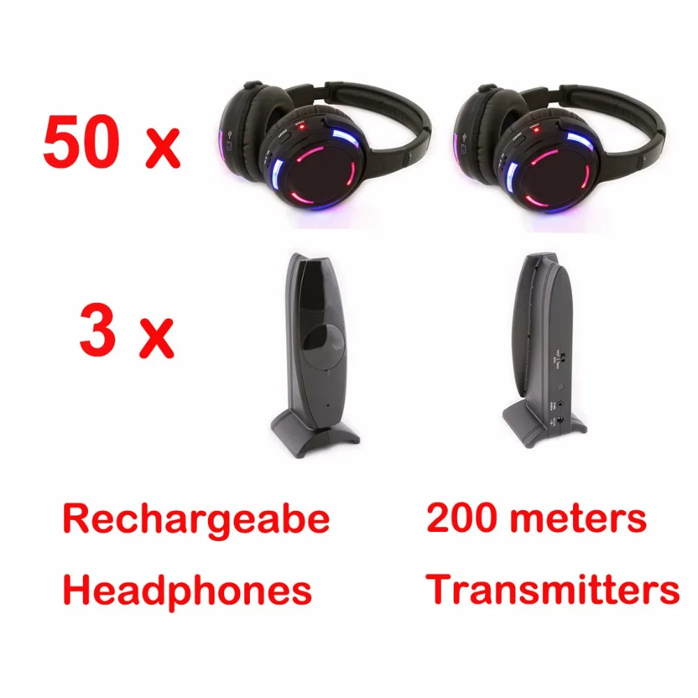 

3 Channels Silent Disco 50 Wireless Headphones and RF Quiet Earphones For iPod MP3 DJ Music Pary Blub Meeting