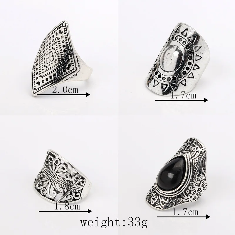 4PCS/Set Vintage Turkish Beach Punk Resin Beads Ring Set Ethnic Carved Silver Plated Boho Midi Finger Ring Knuckle Charm anelli