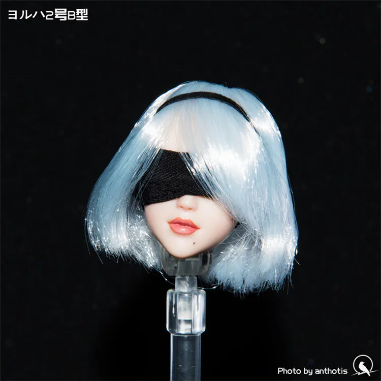 1/6 Scale Female Head Sculpt with Movable Eyes Automata 2B Girl Short White Hair Head Carving Model for 12'' Female Figure Body