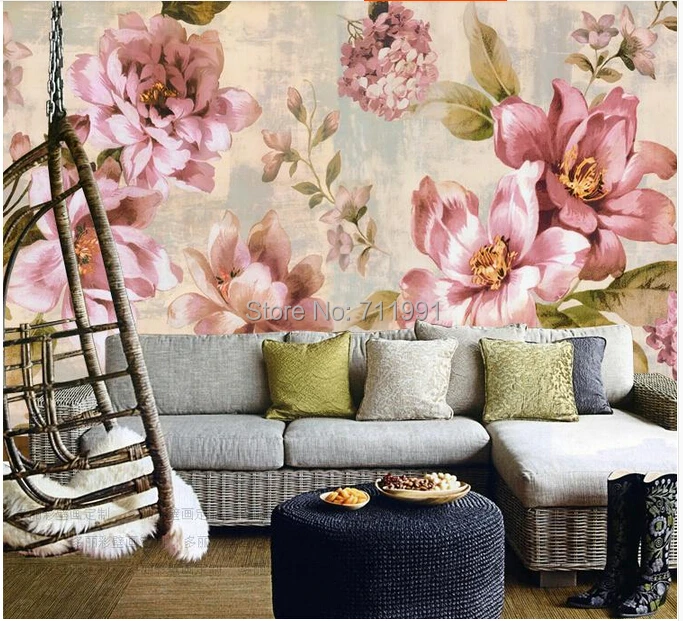 

Free shipping custom 3 d mural retro flower sitting room sofa bedroom TV setting wall wallpaper