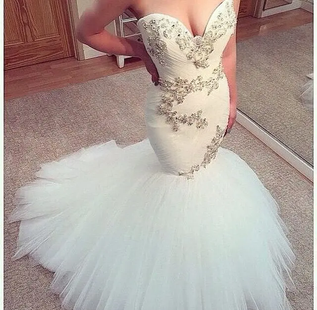 New Arrival Mermaid Wedding Dresses 2020 High Quality Beading Applique Tulle Organza Wedding Bridal Gown vestido de noiva