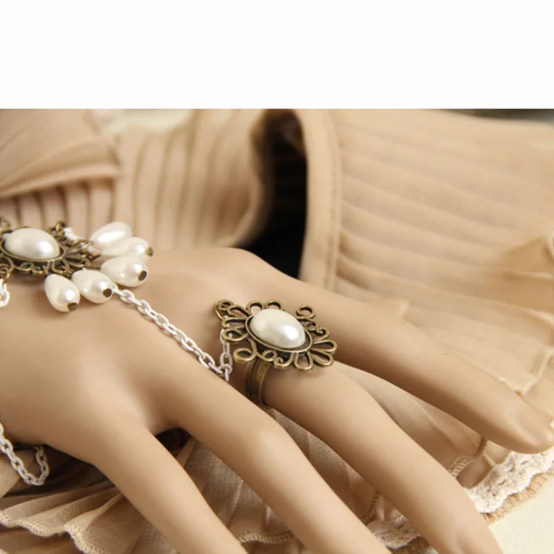 اليدوية المرأة الخرز قطرة الطبقات سلسلة فو اللؤلؤ زهرة الدانتيل الأبيض قابل للتعديل حلقة وسوار الرقيق مجموعة القوطية لوليتا الزفاف #4