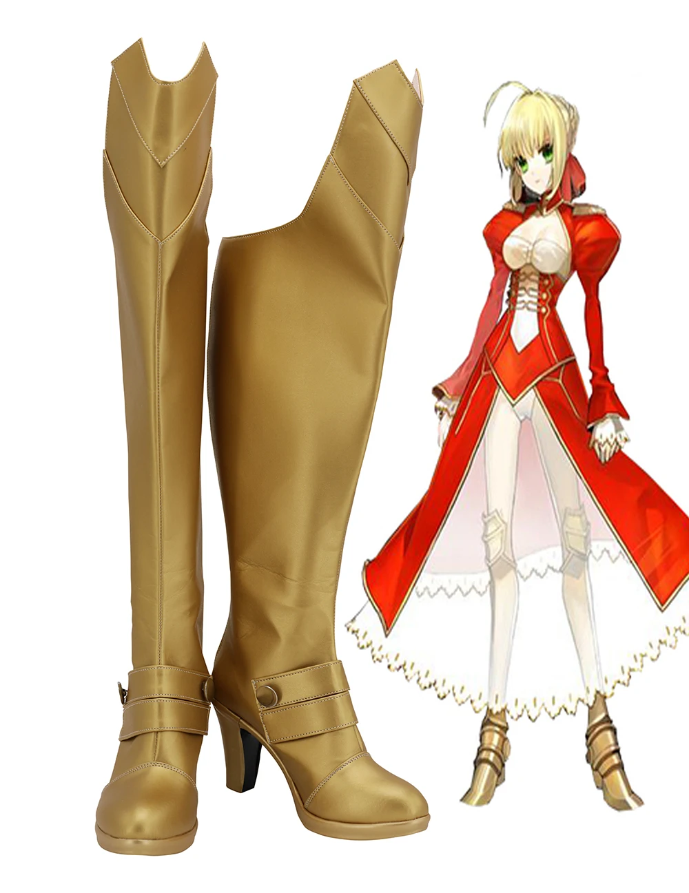 

Nero Claudius Customized Golden Boots Cosplay Fate Extra Red Saber Cosplay Boots High Heel Shoes for Comic-con Halloween Cosplay