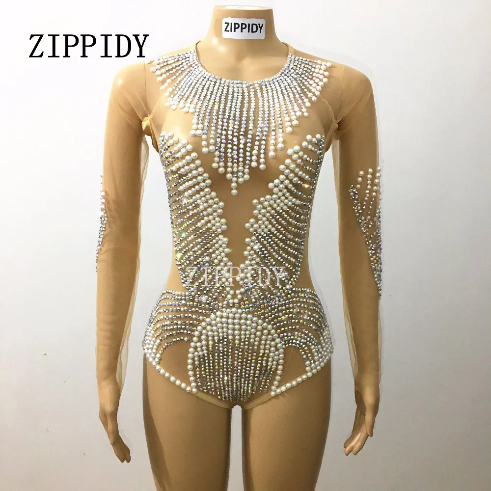 Sexy Perspective Mash Pearls Beads Bodysuit Costume Female Singer Performance Big Stretch Leotard Shining One-piece Dance Wear