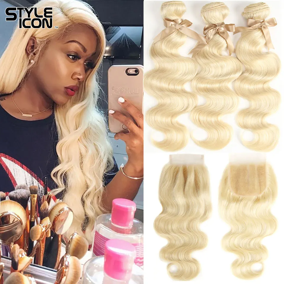 Styleicon 613 Blonde Haar mit Verschluss Körper Welle Menschliches Haar Weben mit 4x4 Spitze Schließung Peruanische Remy Haar weben mit Schließung