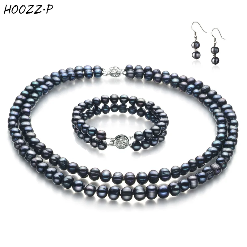 

HOOZZ.P 6-7mm White Black Freshwater Cultured Pearl Set Necklace/Bracelet/Earring set for women Anniversary Engagement Wedding