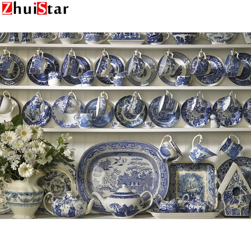 Mosaico ponto cruz com pintura de diamante, mosaico azul e branco porcelana faça você mesmo bordado com diamante quadrado completo strass para casa xy1