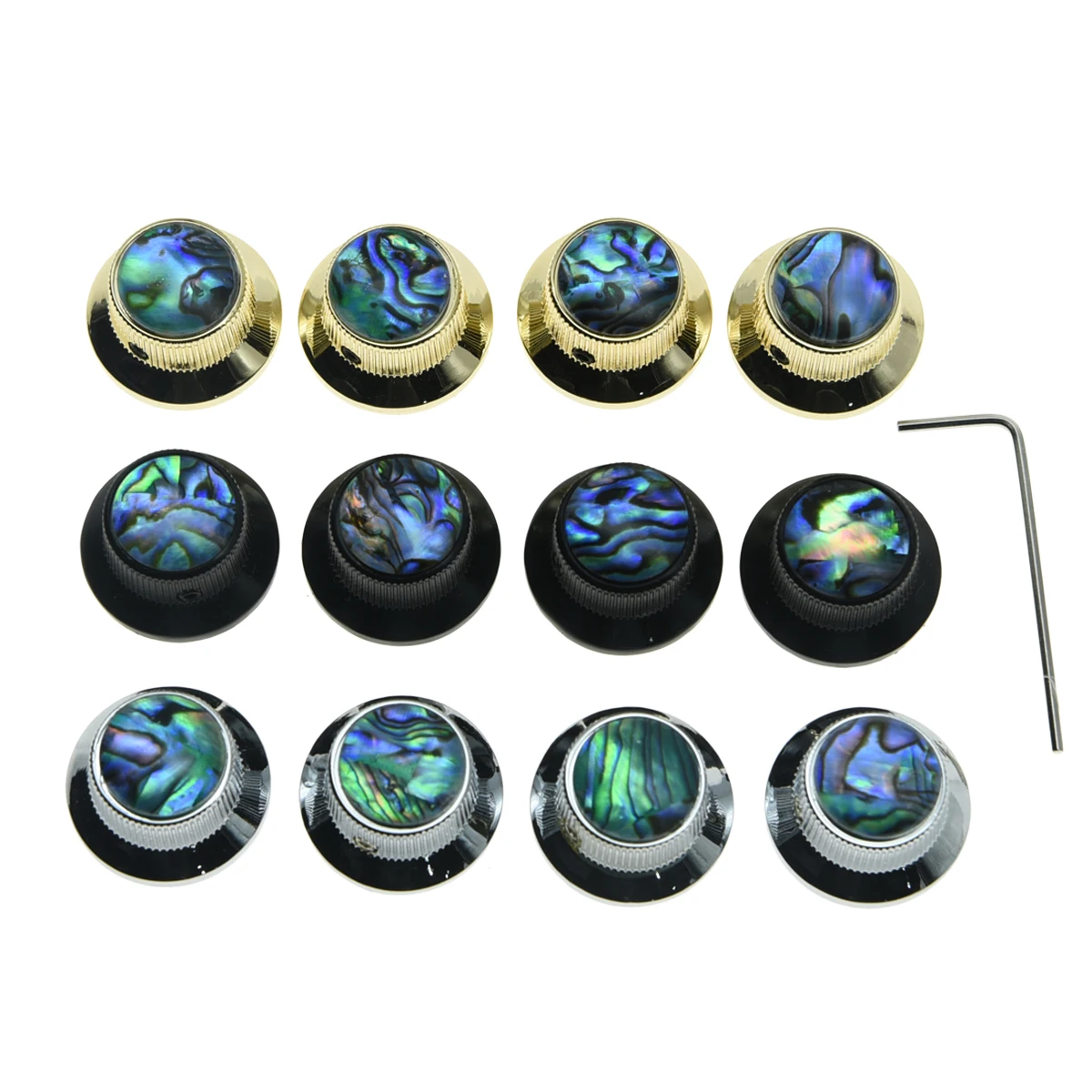 KAISH 4x Set Screw Abalone Top Chrome/Black/Gold Guitar Bass Top Hat Knobs Metal Bell Knobs for Les Paul with 6mm Shaft Pots