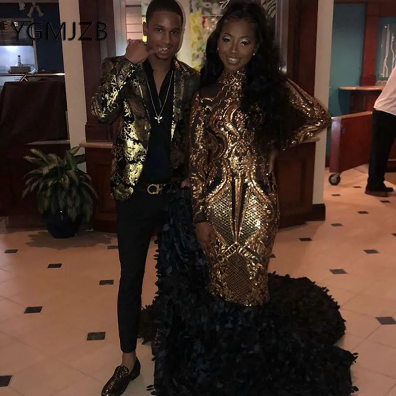 Gold Sequin Mermaid Prom Dresses 2022 Evening for Black Girl High Collar Long Sleeve Flowers African Formal Party Gown