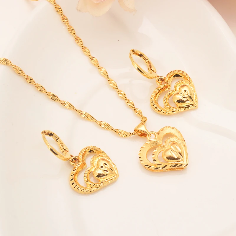 

18 k Solid Gold GF Twin heart flower women Jewelry Sets Europe bridals Wedding jewelry Gift Dubai pendnat earrings diy charms