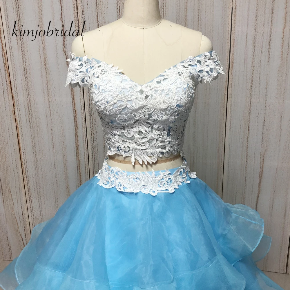 Vestidos de noche con cuello en v, Apliques de encaje, volantes, organza, escalonados, longitud hasta el suelo, vestidos de graduación, azul, 2018