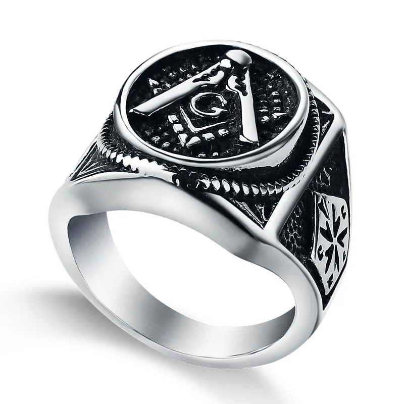 Valily Men's Black Plating Mason Ring Stainless Steel Freemason Masonic Jewelry For Men