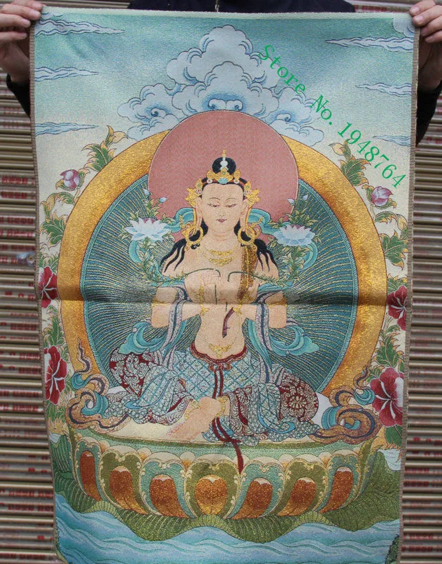 36 inch Tibet Buddhism Silk embroidery Maitreya Bodhisattva Tangka Thangka Painting Mural