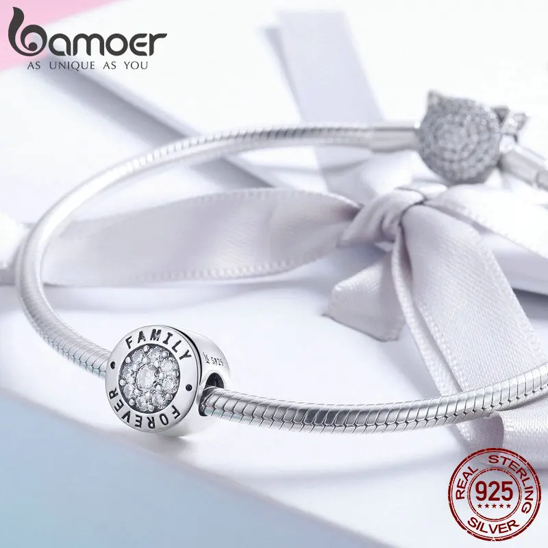 BAMOER Fashion 925 Sterling Silver Forever Family Round Dazzling CZ Charm Beads fit Women Charm Bracelet DIY Jewelry SCC814