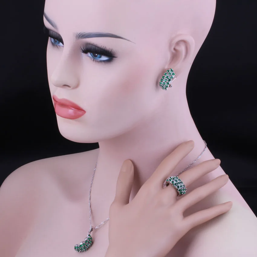 Adorable Green Cubic Zirconia Silver Plated Jewelry Sets Earrings Pendant Nacklace Chain Ring V0304