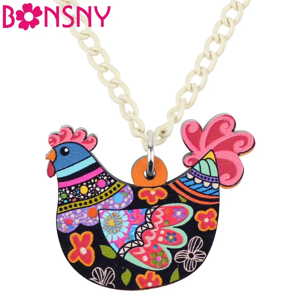 Bonsny Acrylic Chicken Hen Necklace Pendant Chain Collar Fashion Farm Animal Jewelry Charms For Women Girls Teens Accessories