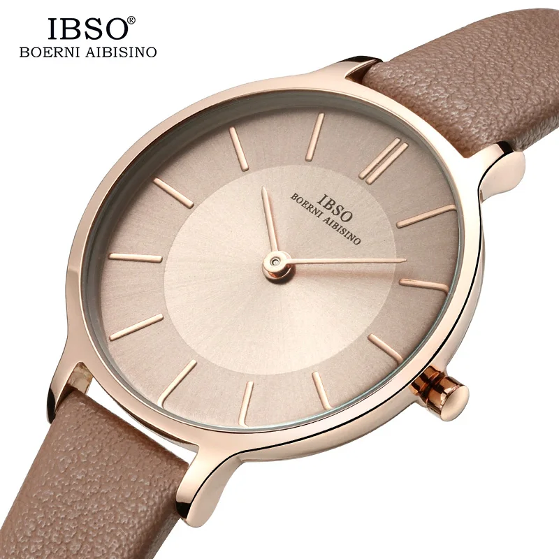 IBSO-Relógio de quartzo ultra fino para mulheres, couro genuíno, relógios femininos, marca de luxo, 8 mm