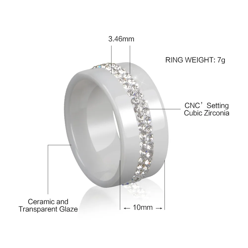 Женские кольца с двухрядными кристаллами шириной 10 мм, ювелирные изделия, гладкие черно-белые керамические кольца из керамического материала, модное обручальное кольцо