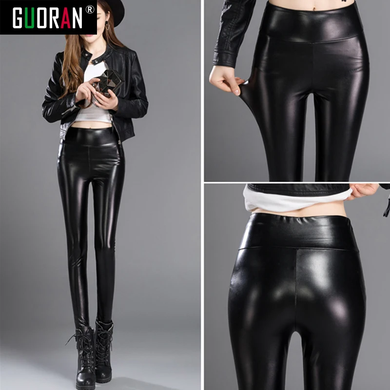 New Winter Warm Pants & Capris Women PU Leather Thick Velvet Stretch Slim Pencil Pants Elasitc Trousers clothes 4XL