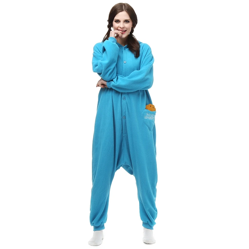 Adults Polar Fleece Kigurumi Cookie Monster Women Cosplay Costume Men Animal Onesies Pajamas Halloween Carnival Party Jumpsuit