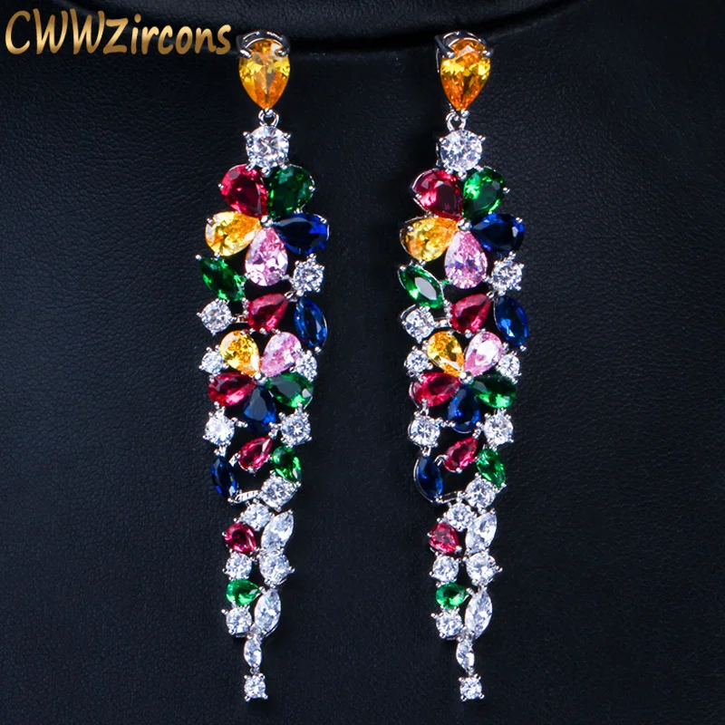 CWWZircons Multi Color Flower Shape Statement Cubic Zirconia Long Dangling Earrings Fashion Bridal Wedding Party Jewelry CZ422