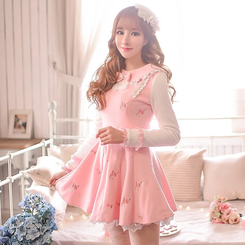 

Princess sweet lolita dress Candy rain Sweet embroidery flower add wool knitting wool render dress C15CD5021