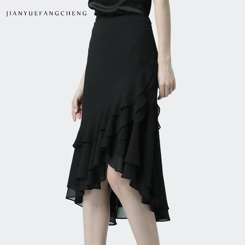 Elegant Office Ladies Mermaid Skirt 2019 Summer Fashion Black Chiffon Skirts Women High Waist Sexy S-4XL Size Midi Tulle Skirt