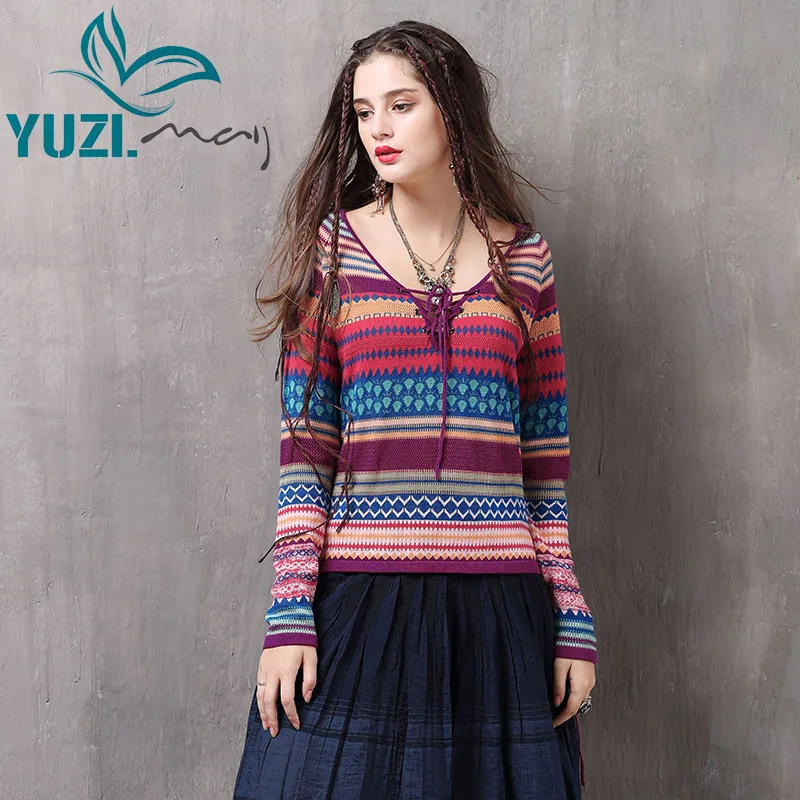 Sweater For Women 2017 Yuzi.may Boho New Cotton Wool Pullover V-Neck Long Sleeve Stripe Knitting Pullovers B9229 Lady\'s Sweaters