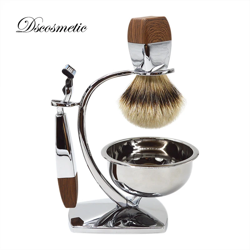 luxury silvertip badger hair shaving brush set with razor and bowl