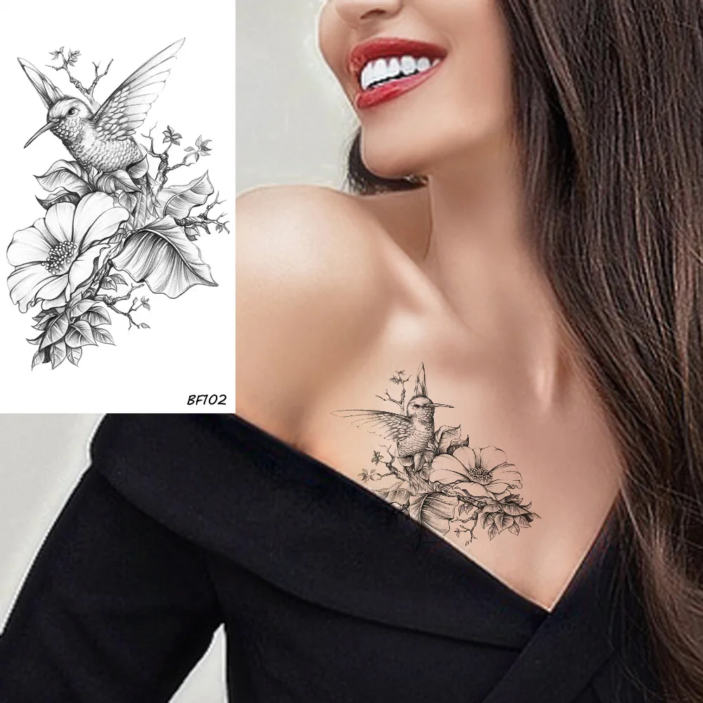 VANKIRS 3D Pencil Sketch Humminbirds Floral Tattoos Stickers Women Chest Temporary Tattoo Birds Girls Arm Fake Waterproof Tatoos