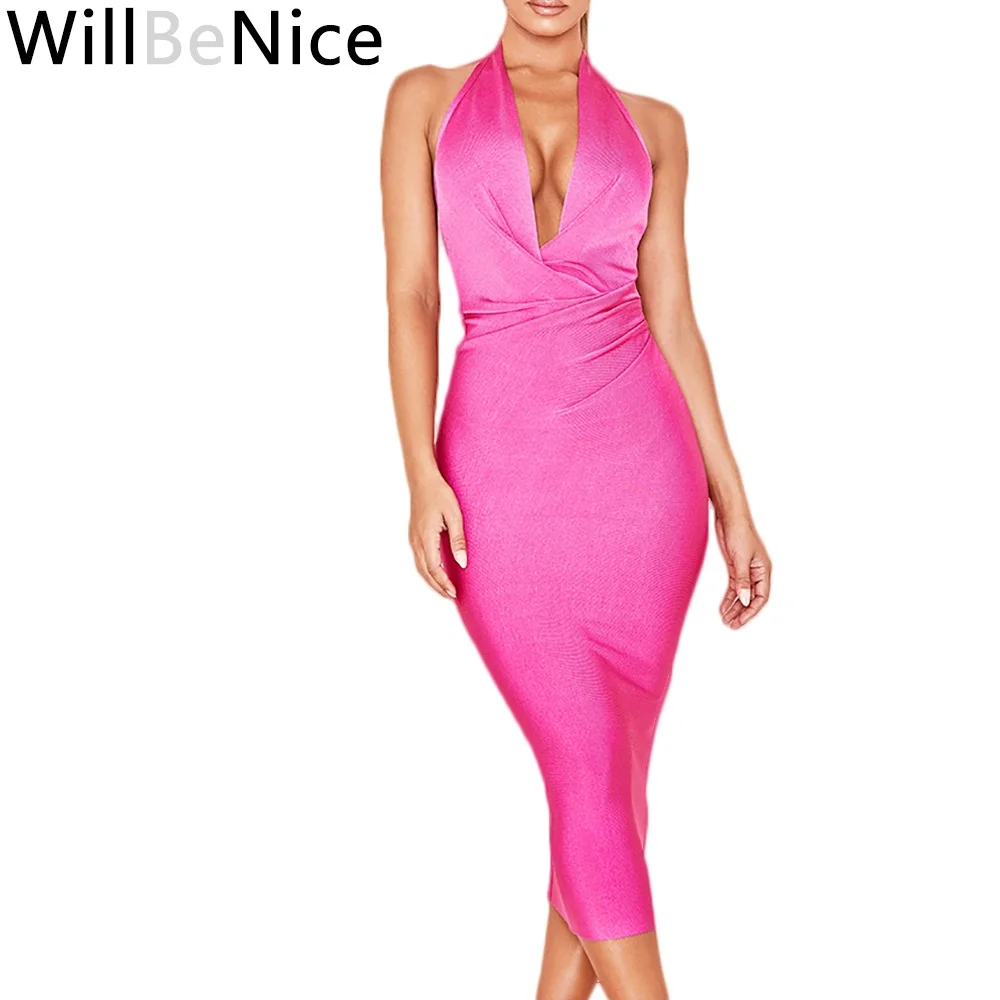 

WillBeNice 2019 New Elegant Women Dress Midi-Calf Hot Pink Sexy V Neck Halter Backless Evening Celebrity Party Bandage Dress