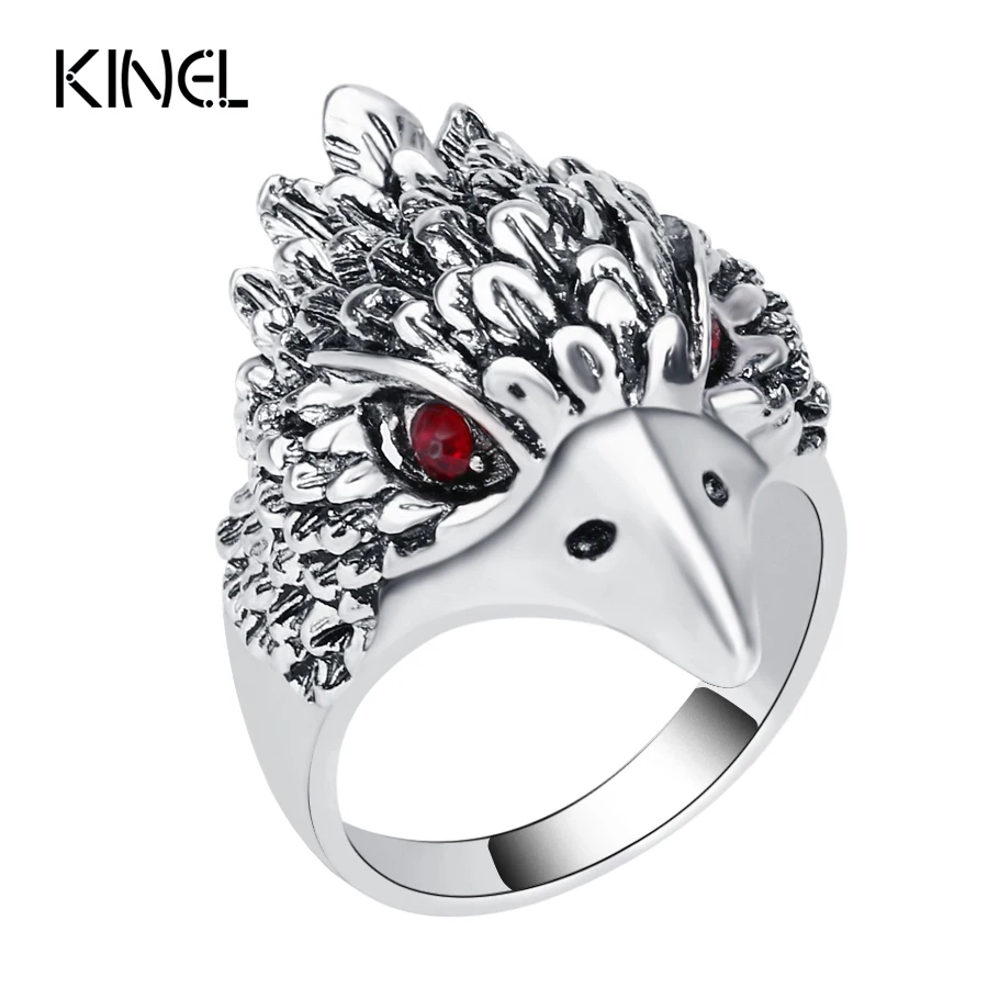 Hot Punk Animal Ring New Fashion Eagle Head Silver Color Vintage Jewelry Inlay Black Crystal Rings For Man Wholesale Jewelry